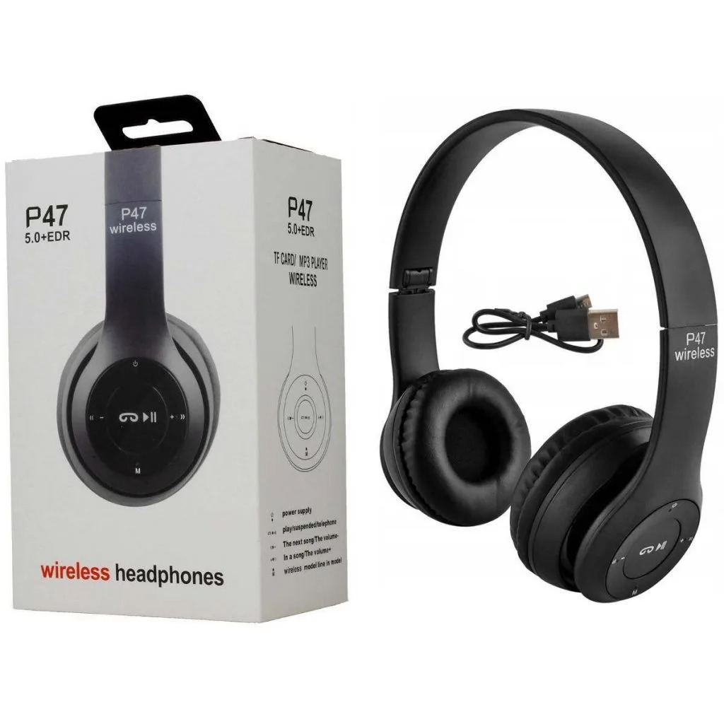 P47 5.0+ EDR Wireless Rechargeable Bluetooth Over-Ear Headphones, Foldable Headset with Mic (Black)