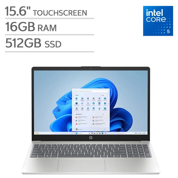 HP Notebook 15-fd0073ca Laptop, 15.6" FHD Touchscreen Display, Intel Core 5-120U, 14th Generation, 16GB DDR4 RAM, 512GB M.2 SSD, Backlit Keyboard, Windows 11 Home, Natural Silver