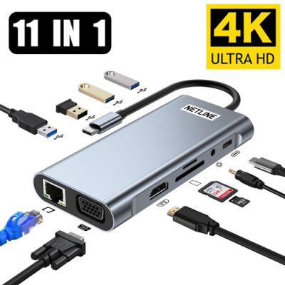 USB Type-C HUB, USB C Adapter 11-in-1 Dongle with 4K HDMI, VGA, Type C, PD, USB3.0, RJ45 Ethernet, SD/TF Card Reader, 3.5mm AUX, Docking Station Compatible with MacBook Pro/Air, Other Type C Laptops Devices